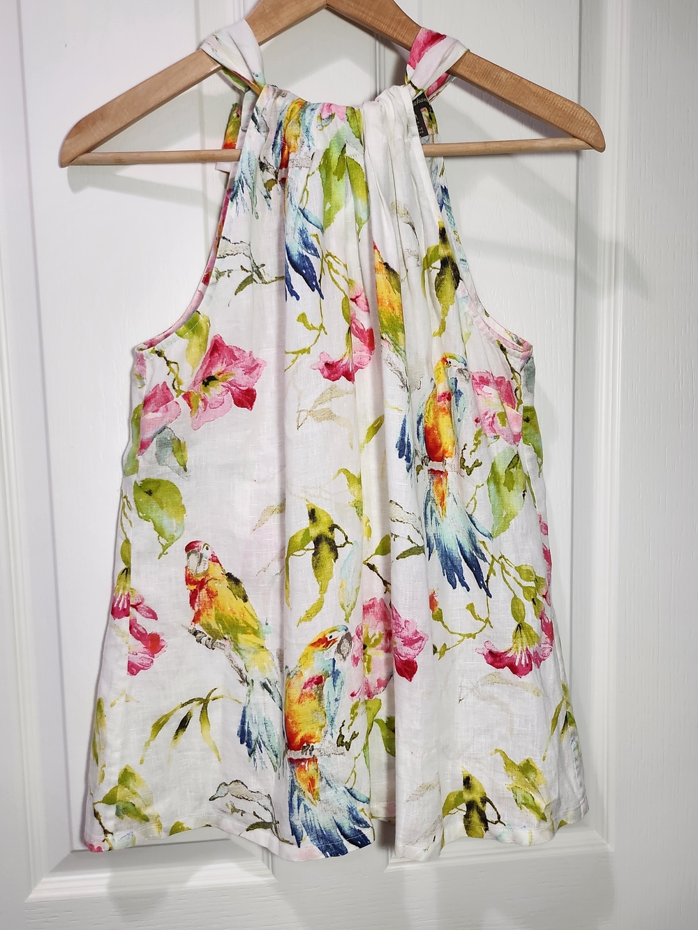 Tommy Bahama 100% Linen Tropical Parrot Floral Halter Top Back-Tie Blouse